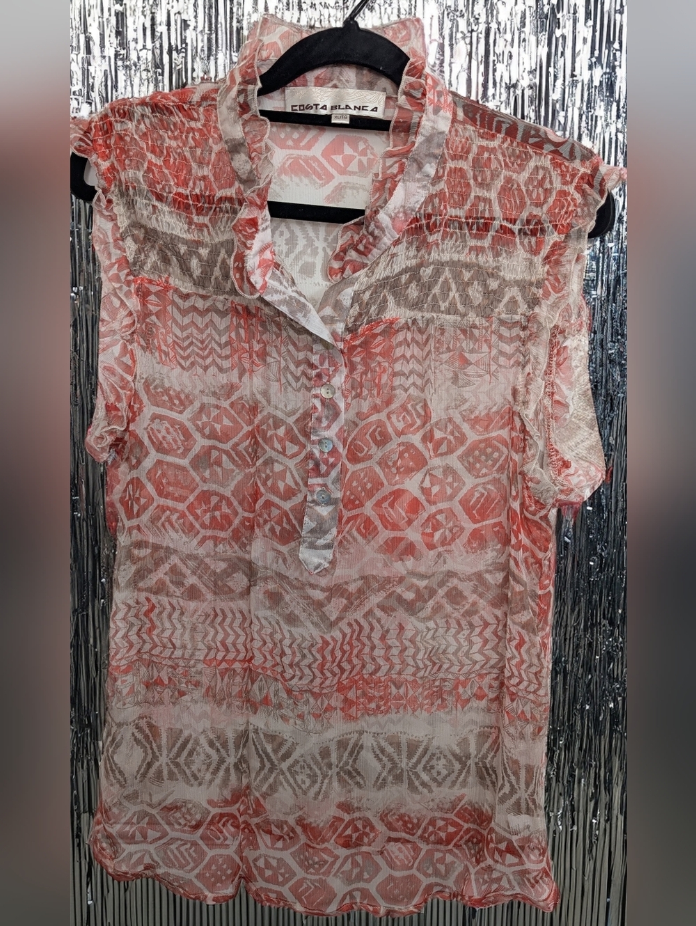 Costa Blanca Coral and Beige Printed Sleeveless Blouse 100%Silk